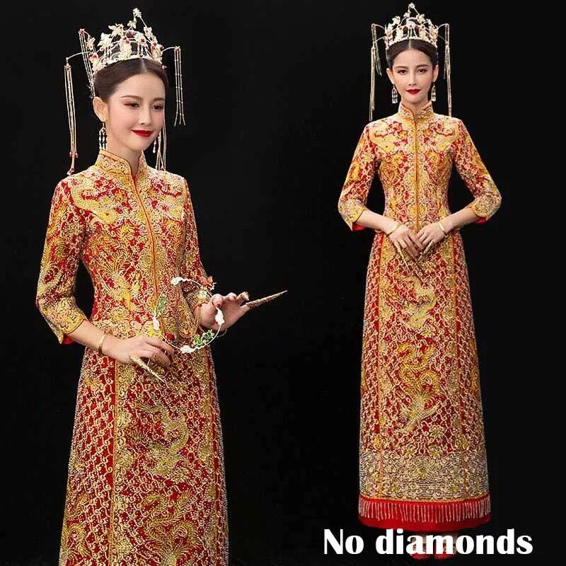 Thumbnail: Red Embroidery Oriental Dragon Phoenix Qipao Women Satin Cheongsam Ancient Trad