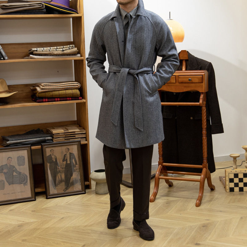 Thumbnail: Japanese Leisure Mid-length Coat Herringbone Wool Slim Fit