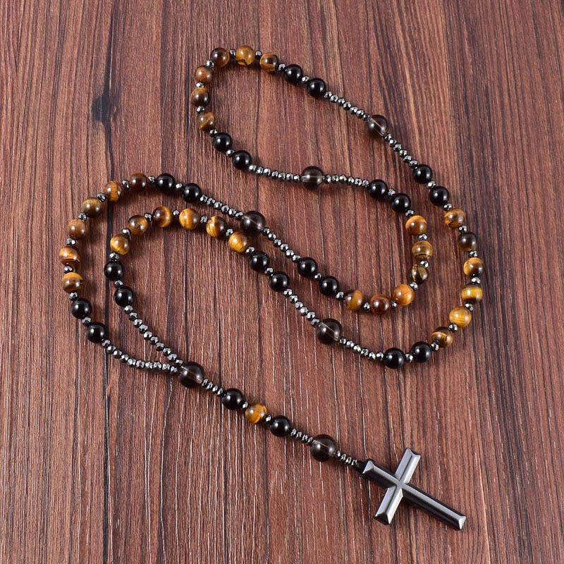 Thumbnail: Natural Black Onyx With Tiger Eye Stone Catholic Christ Rosary Necklaces