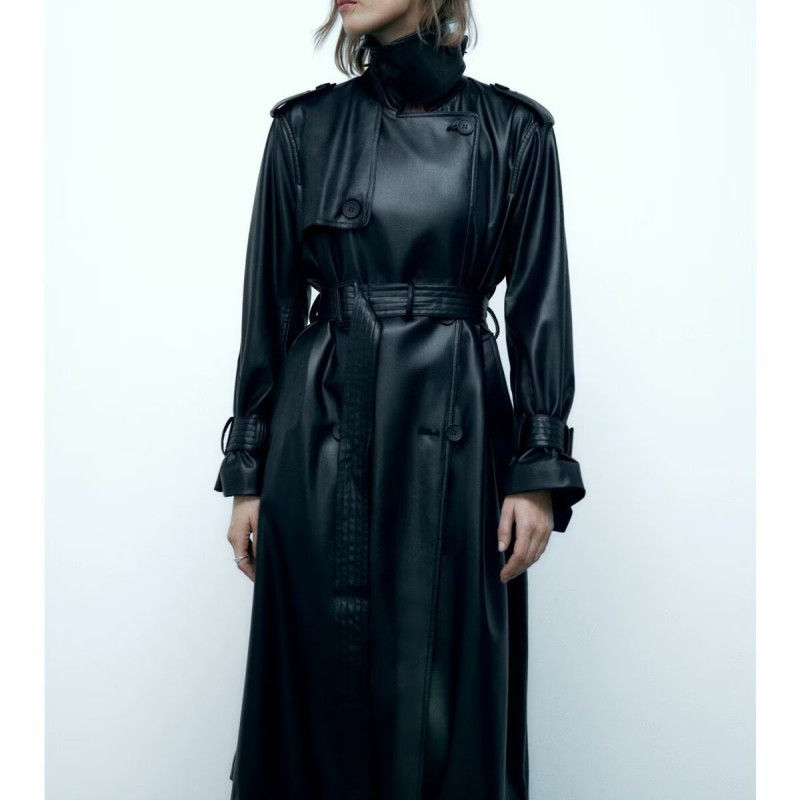 Thumbnail: Black Long With Belt Fashionable All-match Leather Wind Coat Coat