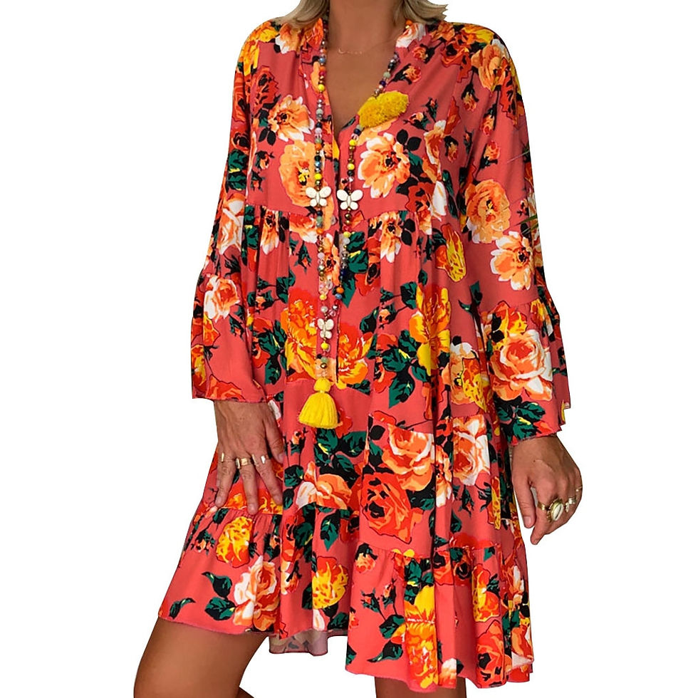 Thumbnail: Women'S Plus Size Button Midi Dress Lady Bohemian Loose Print Three Quarter Sle