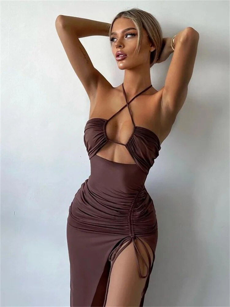 Thumbnail: Fantoye Hollow Out Drawstring Dress Women Sleeveless Backless High Split Elegan