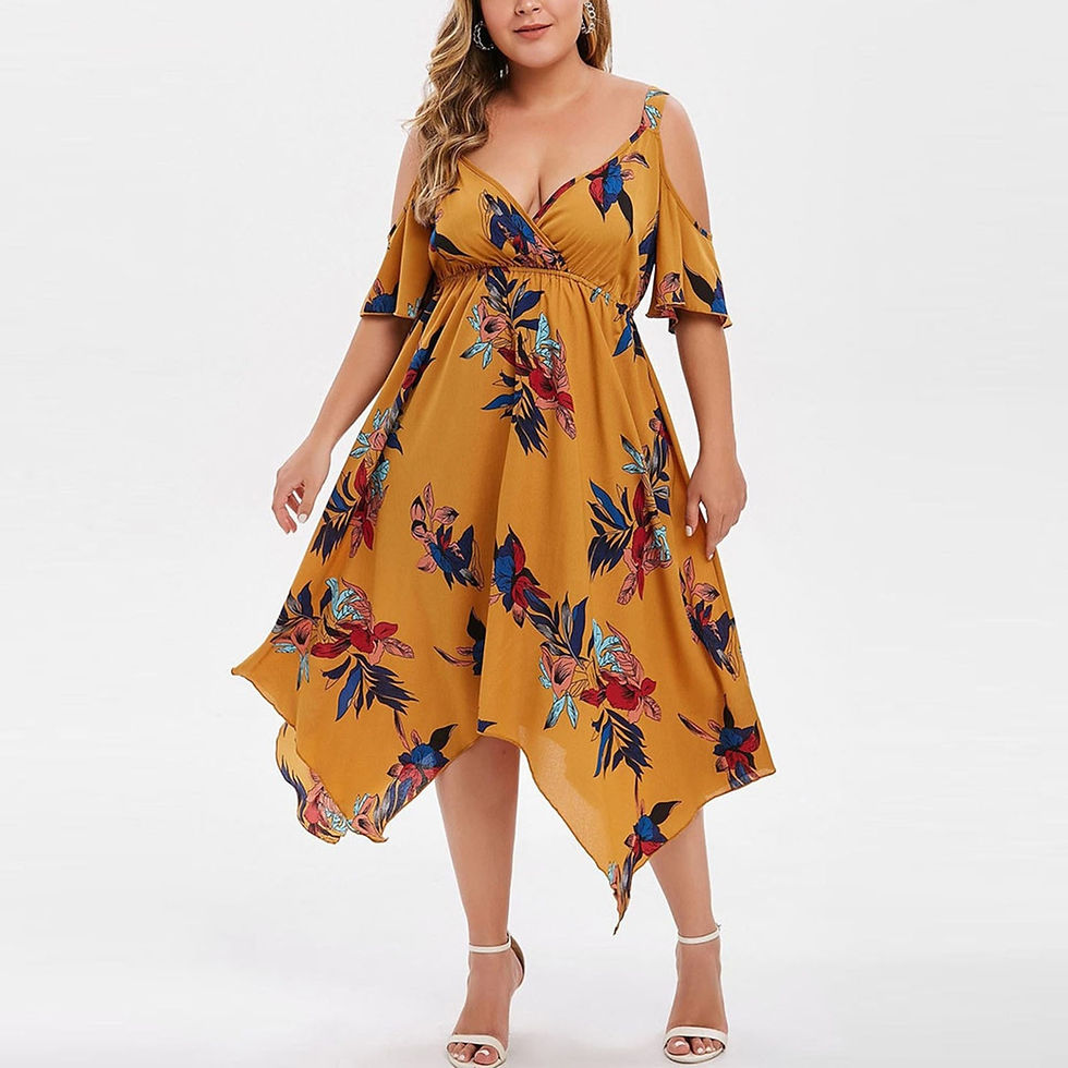 الصورة المصغرة: Summer Women's Casual Floral Print Dress 2021 Women Plus Size Open Shoulder Flo