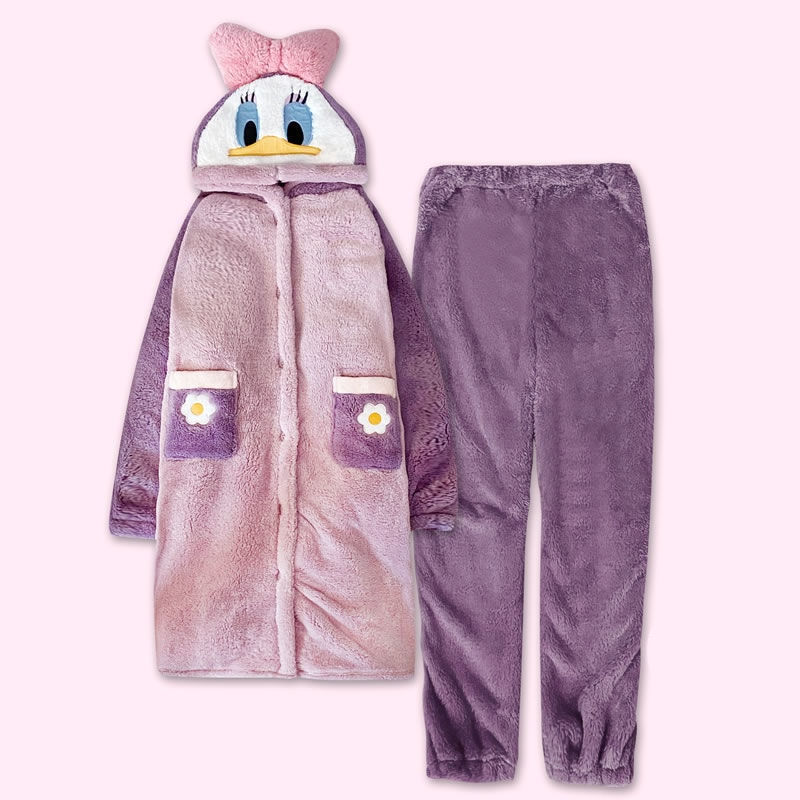 Winter Flannel Pajamas Set For Women Animal Thick Warm Sleepwear Hooded