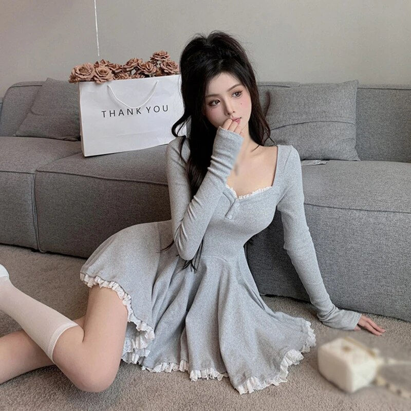 Thumbnail: Autumn Women Square Collar Korean Dress Short French Style Long Sleeve Collarbo