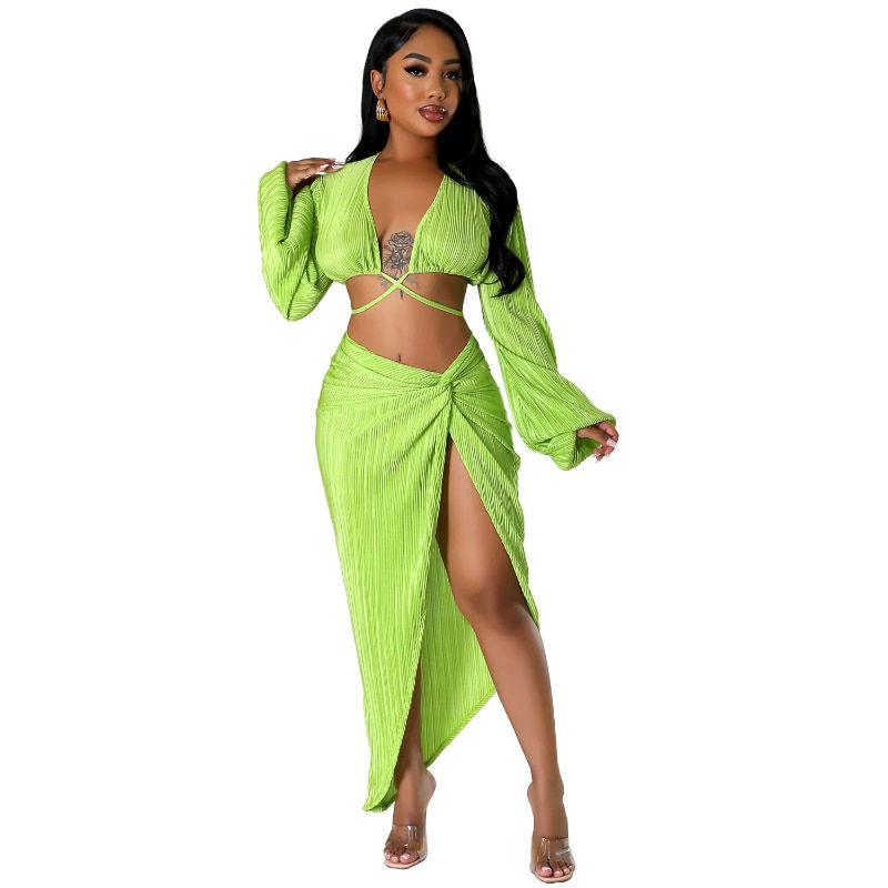 Miniatura: Elegant Pleated 2 Piece Dress Sets Women Sexy V Neck Long Sleeve Lace Up Crop T