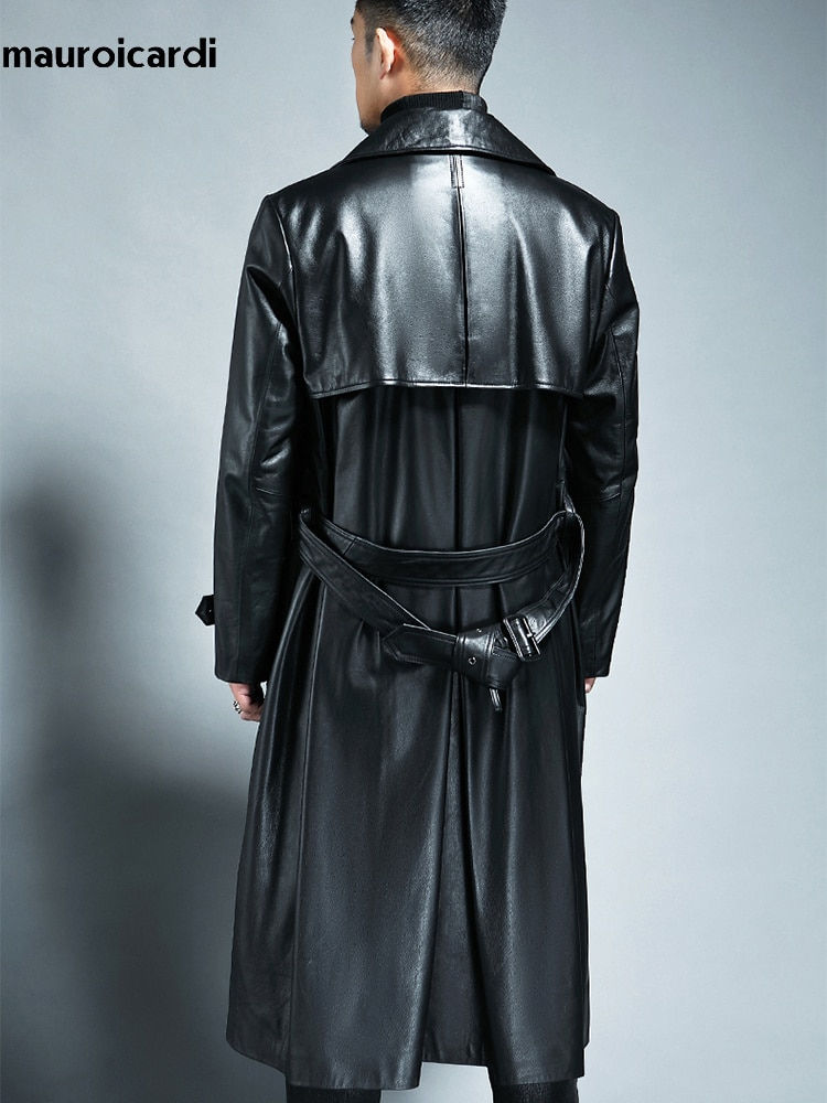Thumbnail: Mauroicardi Spring Autumn Long Cool Waterproof Black Pu Leather Trench Coat Men