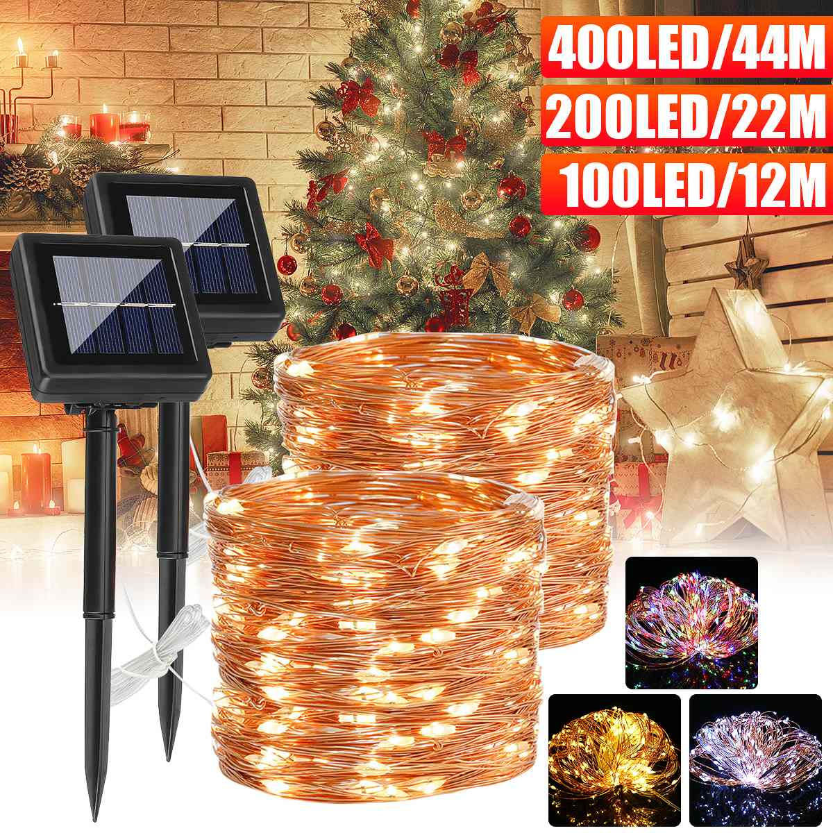 200/100/30LED 22/12/6.5M Solar Powered IP65 Waterproof Fairy String Copper Wire