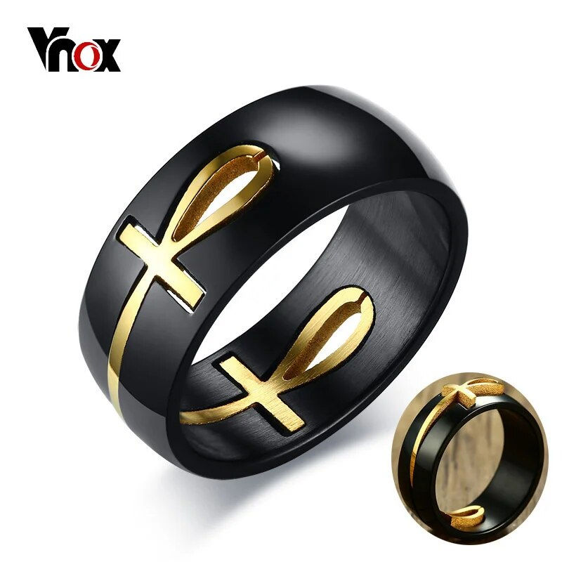 Thumbnail: Vnox Men's Two Tones Removable Ankh Egyptian Cross Ring Stainless Steel Detacha