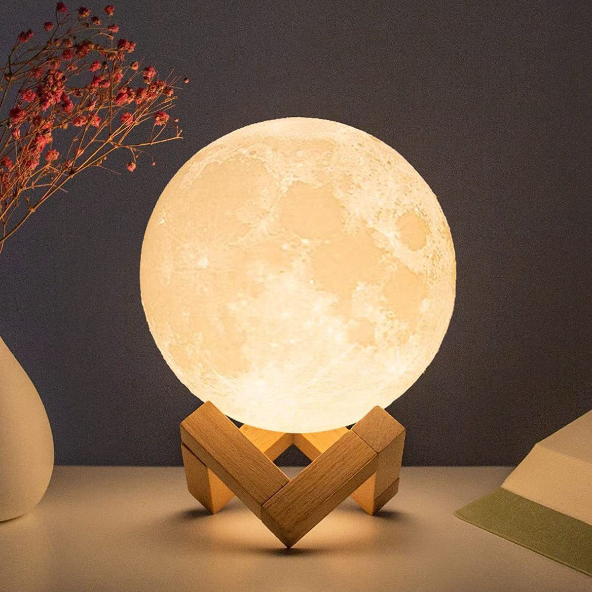 8cm Moon Lamp LED Night Light Battery Powered With Stand Starry Lamp Bedroom De