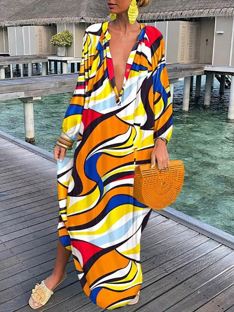 थंबनेल: Boho Printed Loose Dress Women 2023 Retro Cute Deep V Neck Patchwork Dress Spri