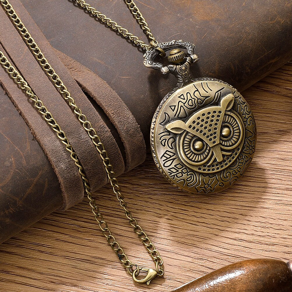 Thumbnail: Antique Bronze Night Owl Necklace Quartz Pocket with Chain Necklace Vintage Qua