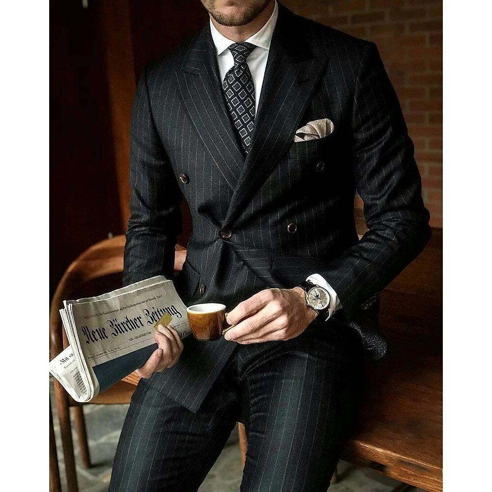 Thumbnail: Black Striped Men Suits Fashion Peak Lapel Double Breasted Male Blazer with Pan
