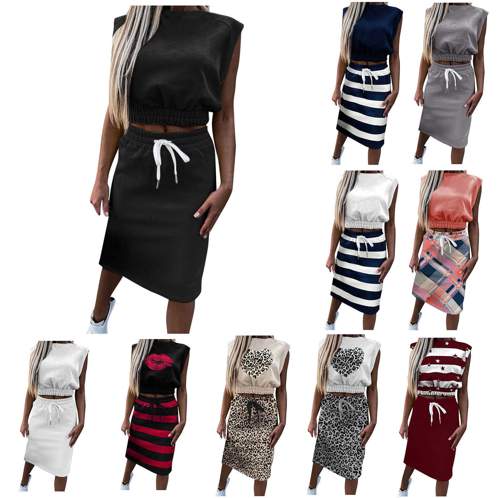 Women's Suit Women Solid Top Printing Slit Beach Long Maxi Skirt Two-piece Suit