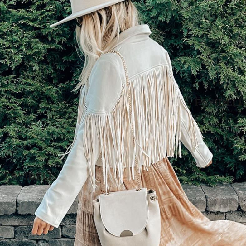 Thumbnail: Women's Faux Suede Leather Fringe Jacket Motorcycle Moto Biker Short Open Front