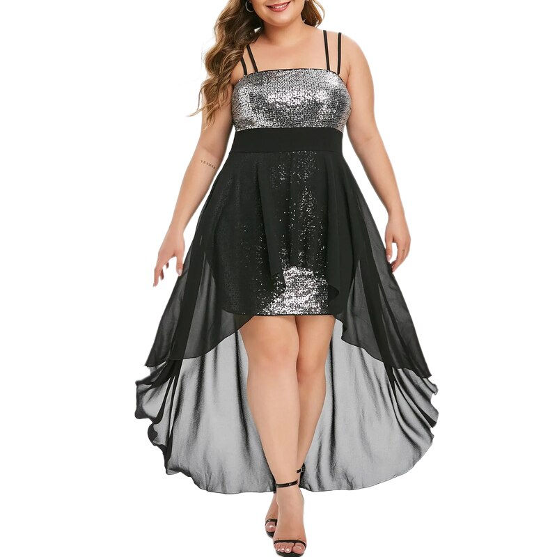 थंबनेल: Plus Size Sequines Asymmetric Hem Dress Spaghetti Strap Sleeveless Summer Mesh