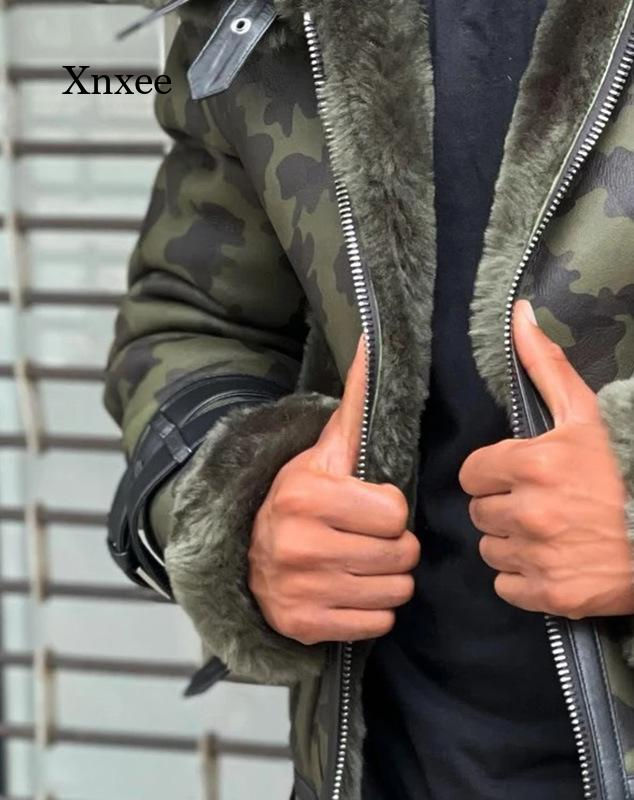 Miniatyrbilde: Winter New Camouflage Color Leather Jacket Coat Big Hair Double Collar Belt Buc