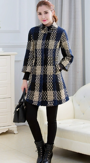 Thumbnail: Woolen New Slim-fit Mid-length 34 Sleeve Stand Collar Thick Flower Woolen Coat