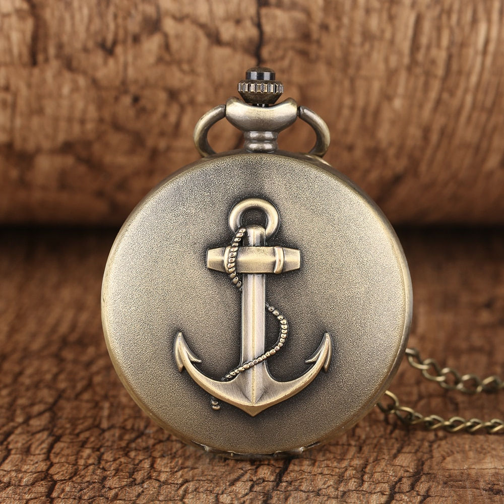 New vintage bronze boat anchor relief Roman literal quartz necklace pocket watc