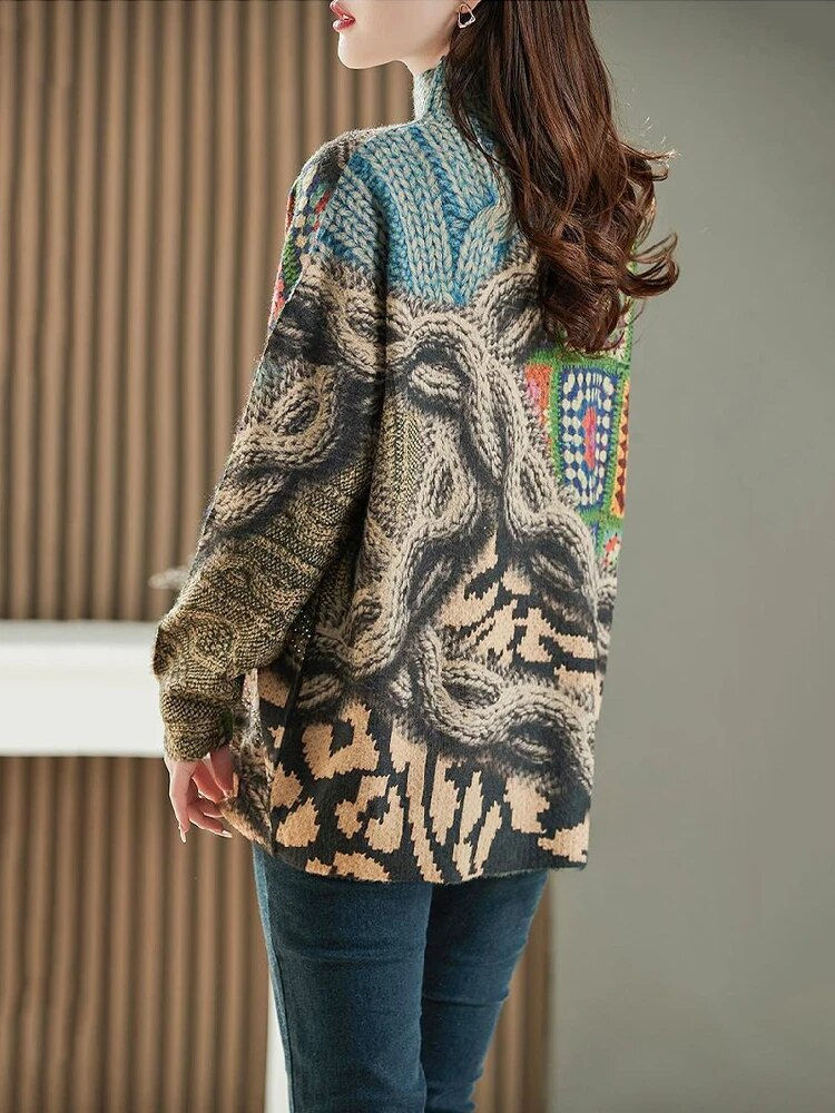 Миниатюра: Winter Fashion Knitwear Women Luxury Loose Printed Diamond Plus Size Sweaters L