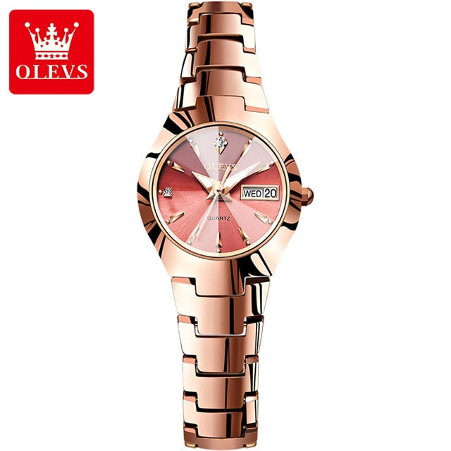 OLEVS Quartz Watch for Women Elegant Tungsten Steel Strap Gift Set With