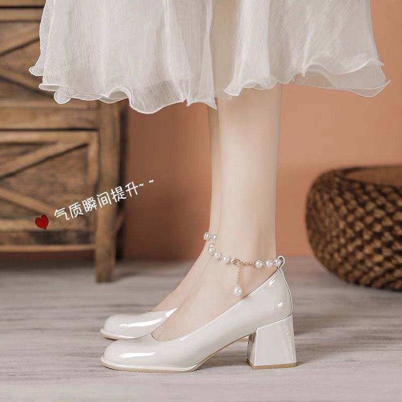 Imej kecil: Women Shoes 2022 New Spring Pumps Beige High Heels All-Match Mary Jane Sweet Sa