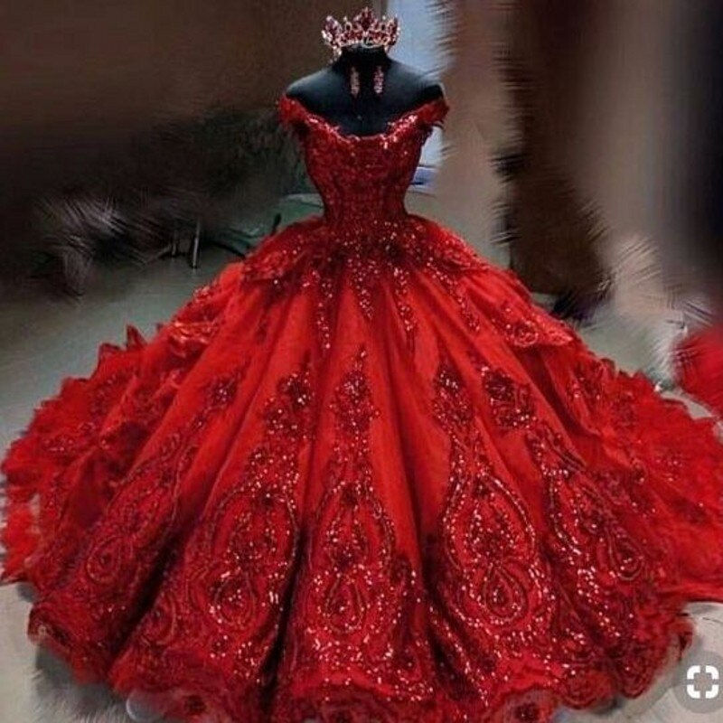 Miniatura: Red Quinceanera Dresses Beads Sparkly Off the Shoulder Puffy Tiered Skirt