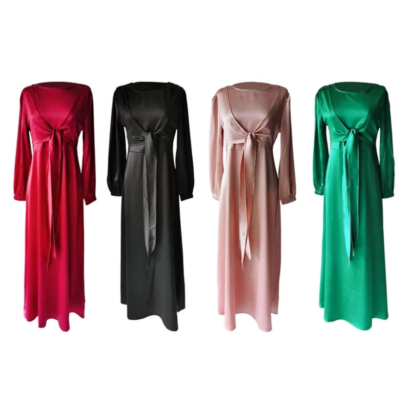 Pikkukuva: ETOSELL Muslim Women Satin Abaya Long Sleeve Wrap Front Maxi Dress Middle