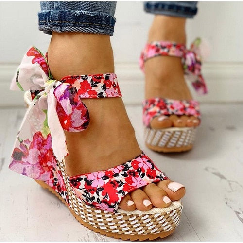 Thumbnail: Ladies Summer Beach Boho Floral Wedge Sandals Women Ankle Strap Platform Gladia