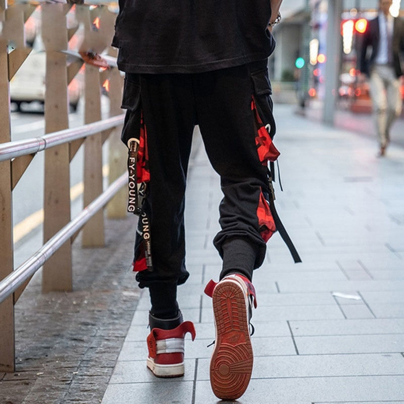 Miniaturebillede: Hip Hop Joggers Men Letter Ribbons Cargo Pants Pockets Track Tactical Casual