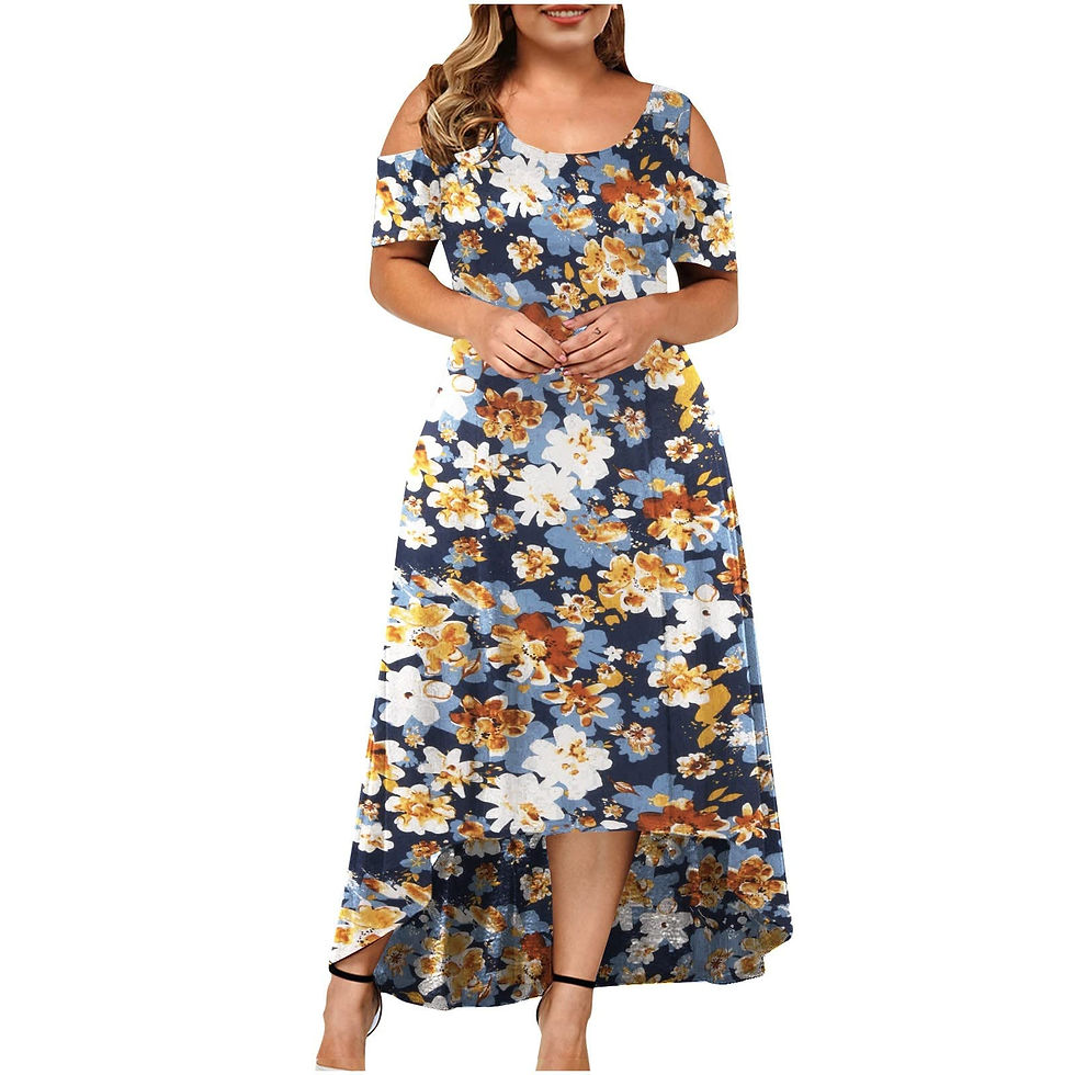 Thumbnail: Women's Plus Size Dress Summer Round Neck Cold Shoulder Large Size Floral Dress