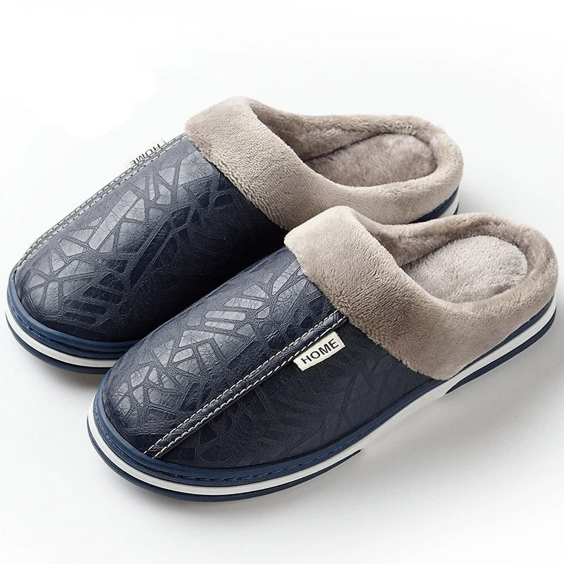 Men Slippers Indoor PU Leather Women House Waterproof Warm Home Fur Slipper Mal