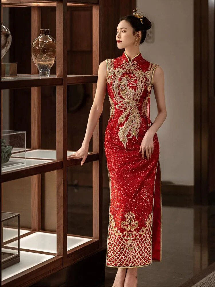 Thumbnail: Exquisite Beaded Phoenix Embroidery Marry Cheongsam Traditional Chinese Bride G