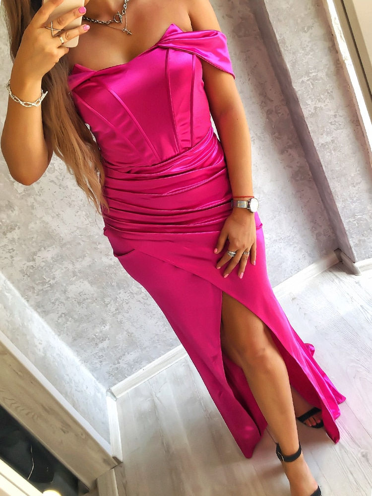 Thumbnail: Romagic Women Fuchsia Off The Shoulder Strapless Padded Backless V Neck Pleated