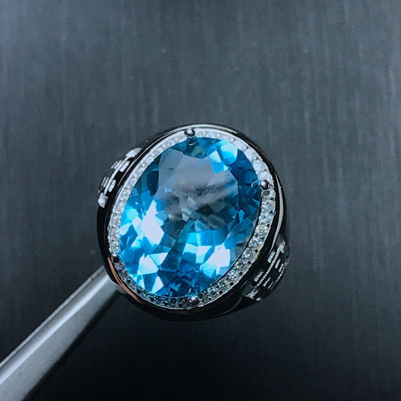 Thumbnail: USPS Natural Big Blue Topaz Men's Ring, S925 Sterling Silver, Grain Gemstone