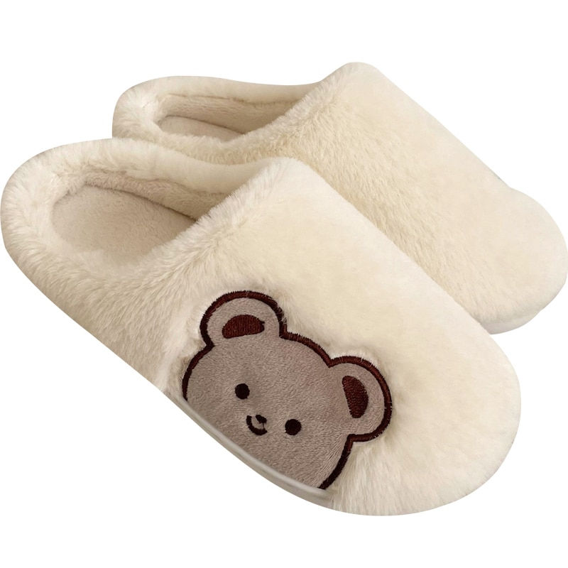 Winter Cotton Bear Plush Slippers Women Indoor Outdoor Wear Soft Thick  Non-sli