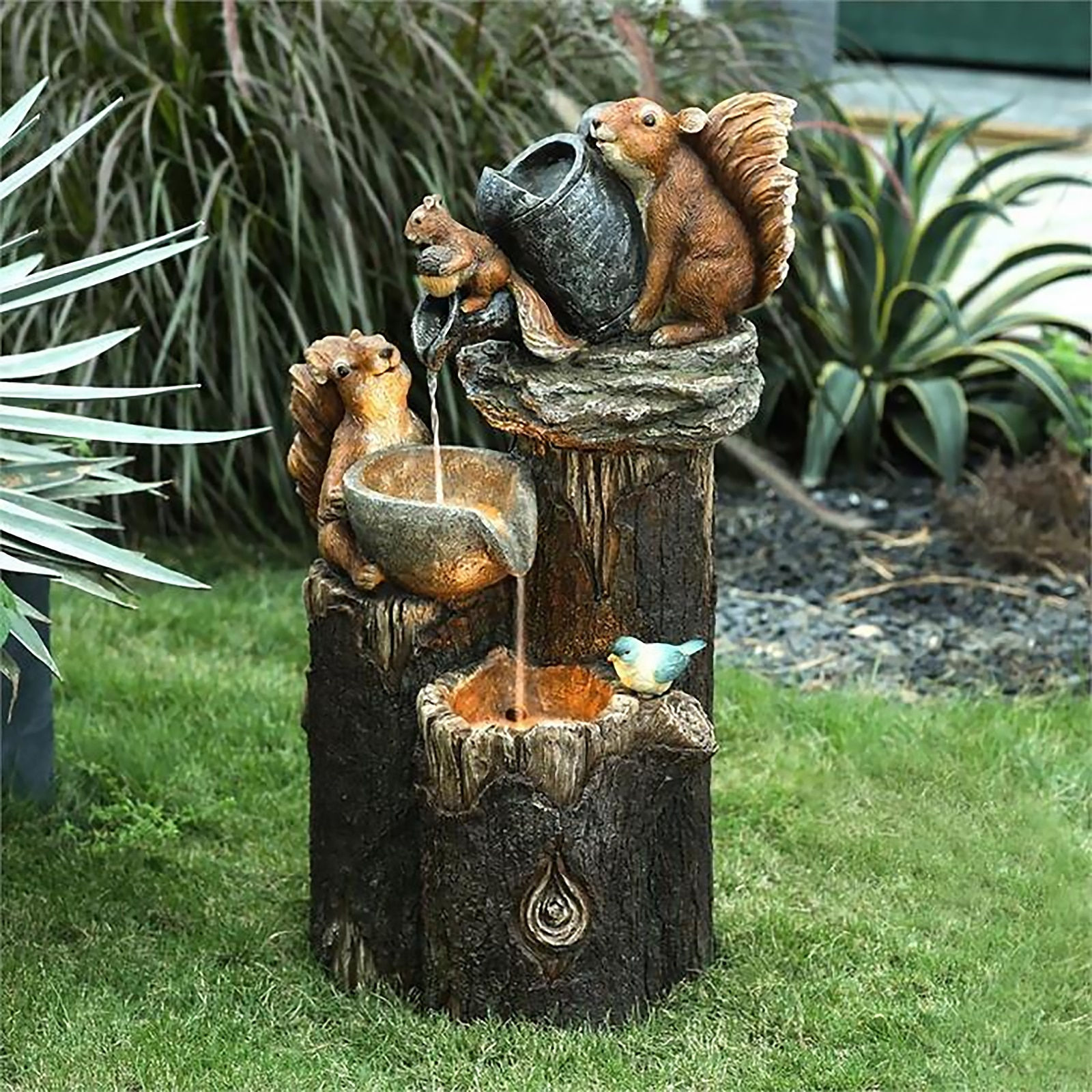 Animal Statue Solar Flowing Water Squirrel Duck Resin Sculptures Outdoor Garden