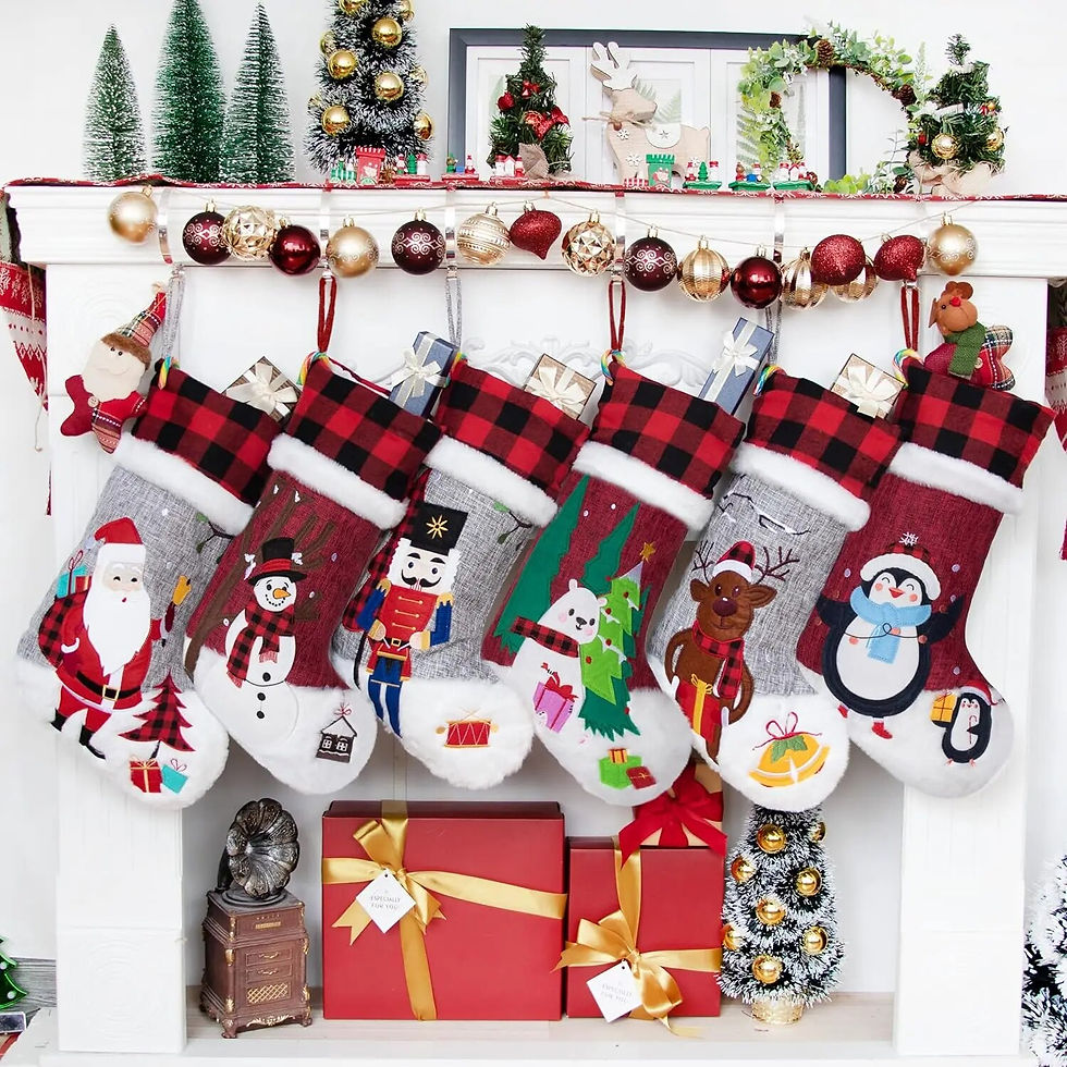 Sīktēls: Set of 6 Christmas Stockings Gray Burlap Buffalo Red Plaid Soft Faux Fur 20 Inc