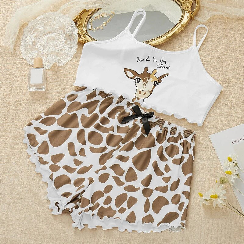 Thumbnail: Women Sleepwear Cute Cartoon Print Short Set Pajamas Summer Sweet Sleeveless Py