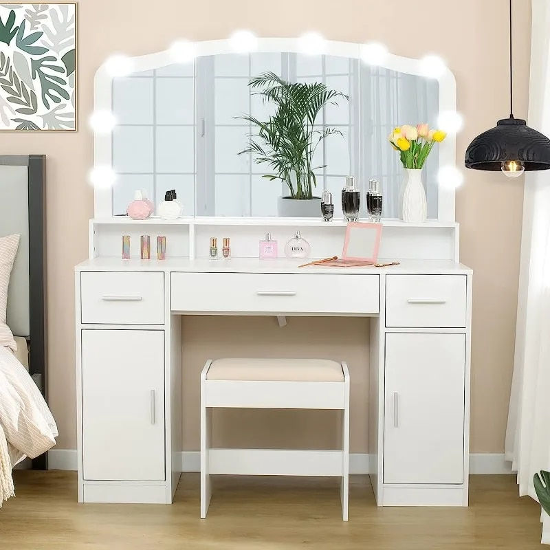 Large Vanity Set with Large Lighted Mirror, Vanity Table with Drawers, 2 Storag
