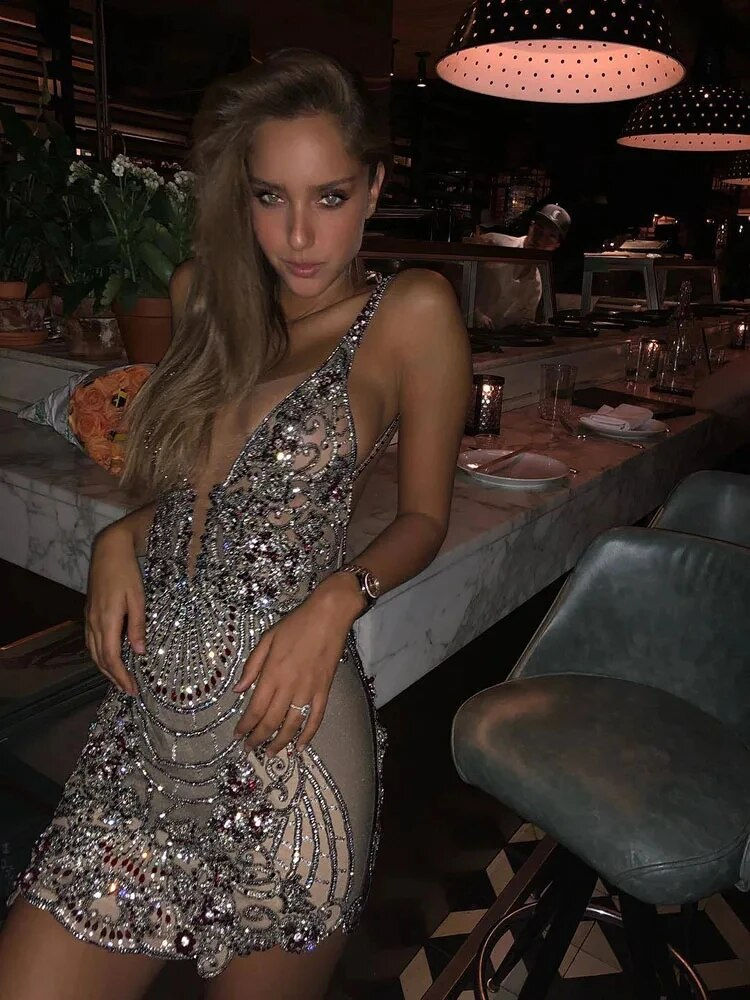 Hi Shy Bridal Luxury Evening Dresse V-Neck Sleeveless Mermaid Knee-Length Sequi