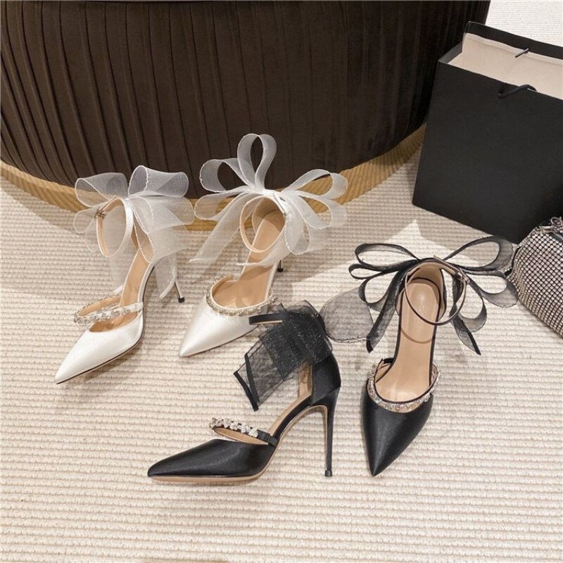 Miniatura: Shoes for Women 2023 Summer Rhinestone Bow High Heel Sandals White Wedding Shoe