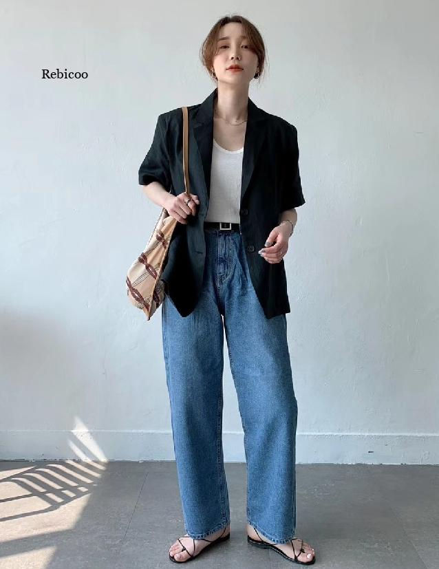 Miniature : Women Jackets Korean Cotton Linen Casual Blazer Loose Short Sleeve Suit Blazer