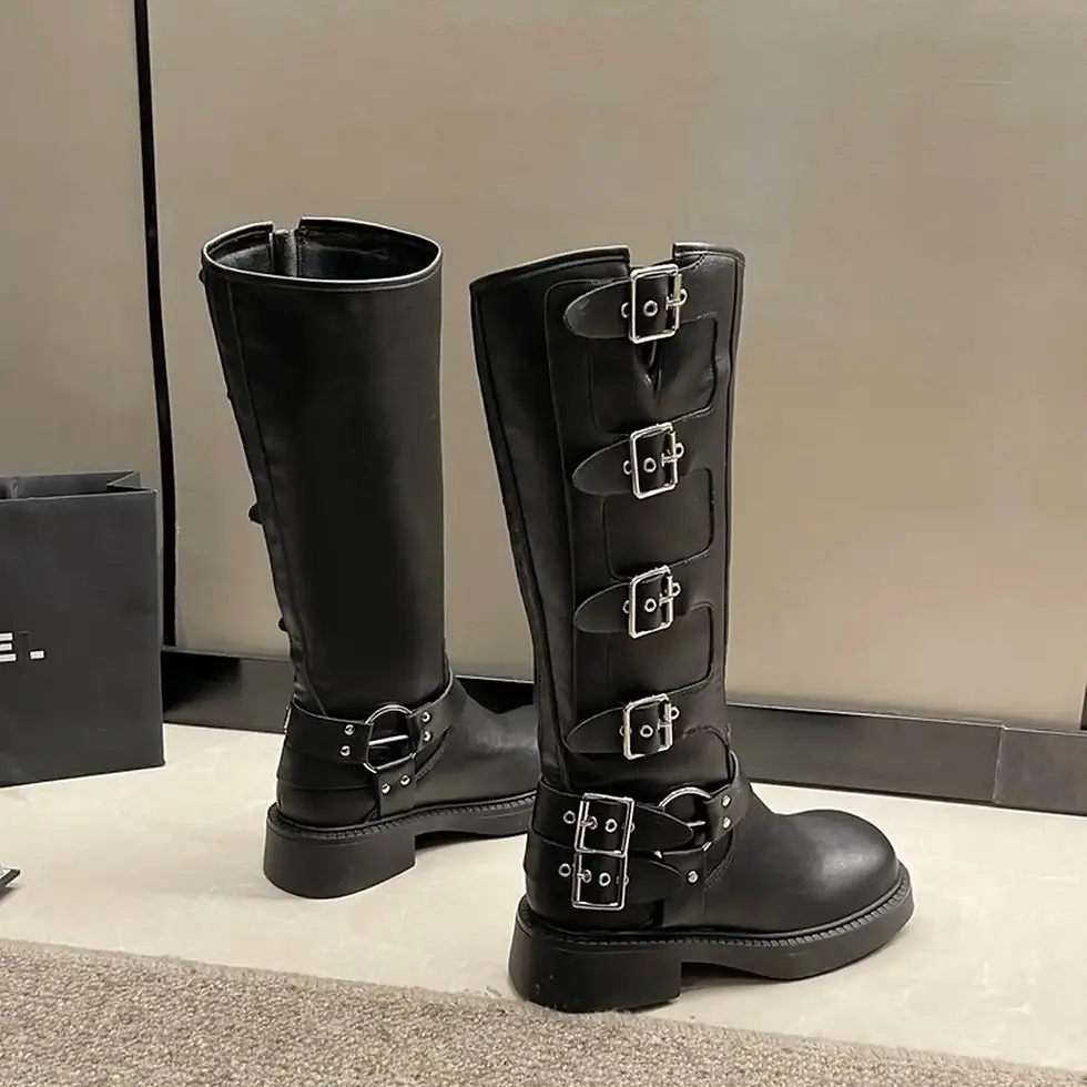 Thumbnail: Buckle Platform Knee-High  Booties