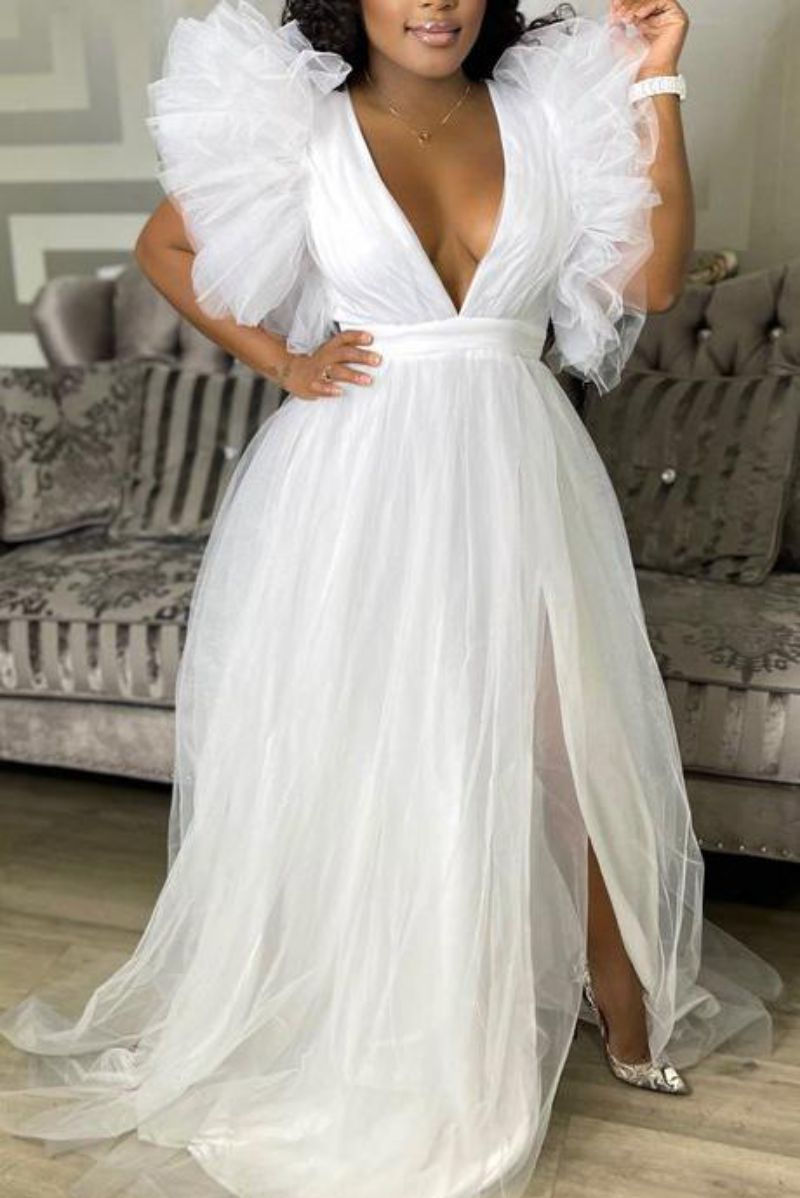 Miniatura: Plus Size Puff Mesh Ruffles Women Party Dress 4XL 5XL Side Split Deep V Neck Se