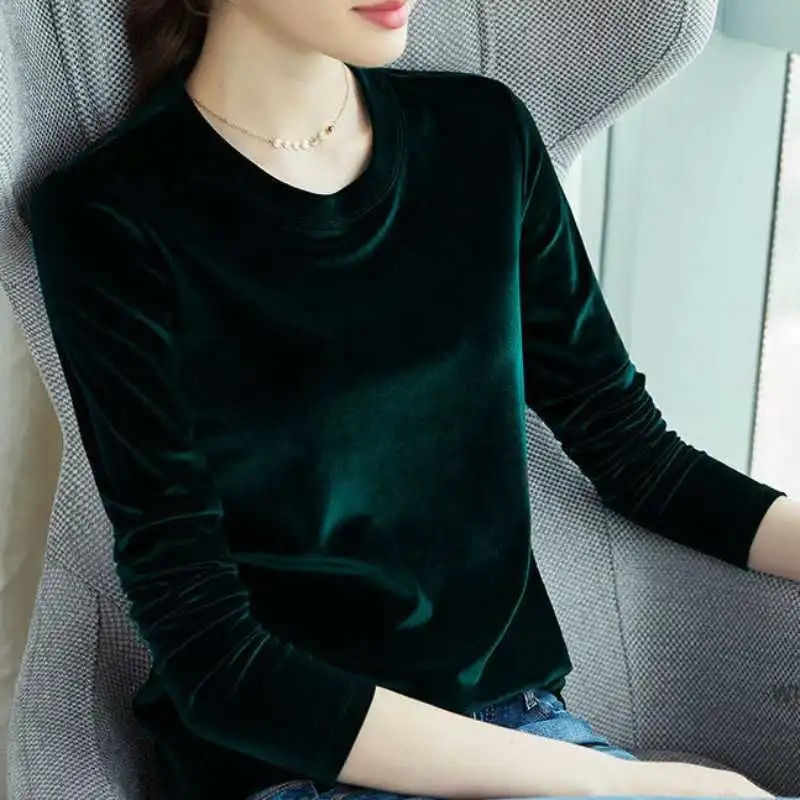 Thumbnail: Spring Long Sleeve Loose Early Autumn T-shirt Women Gold Velvet Short Paragraph