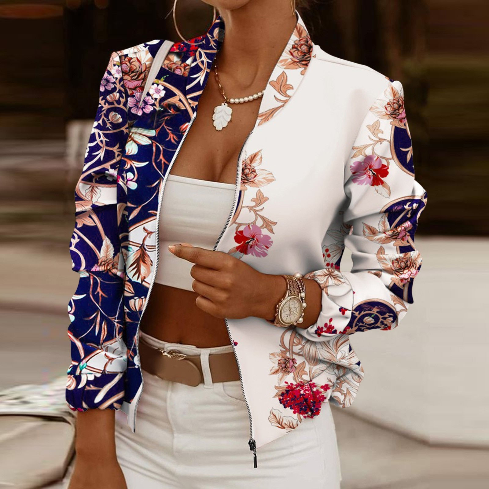 Jackets Women Autumn Womens Long Sleeve Stand Neck Flower Printed Zip Up Blazer