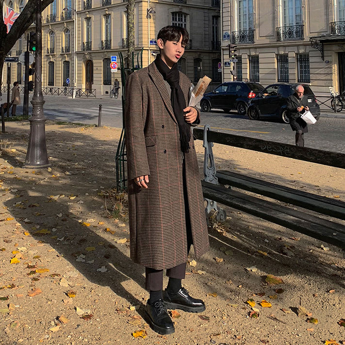 Thumbnail: Woolen Plaid Medium Length Coat