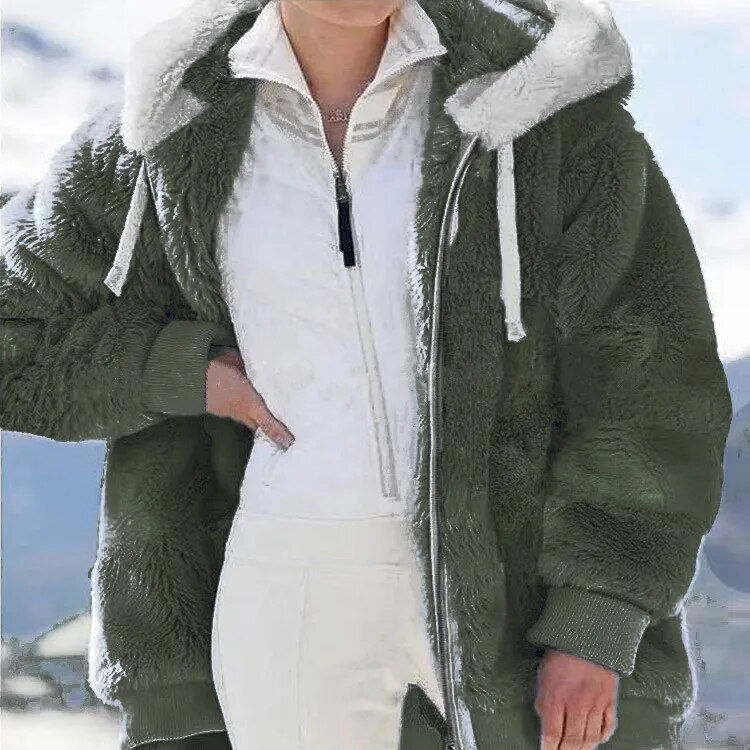 Thumbnail: Winter Women Jackets Plush Casual Oversize Fleece Plaid Faux Fur Fashion Hooded