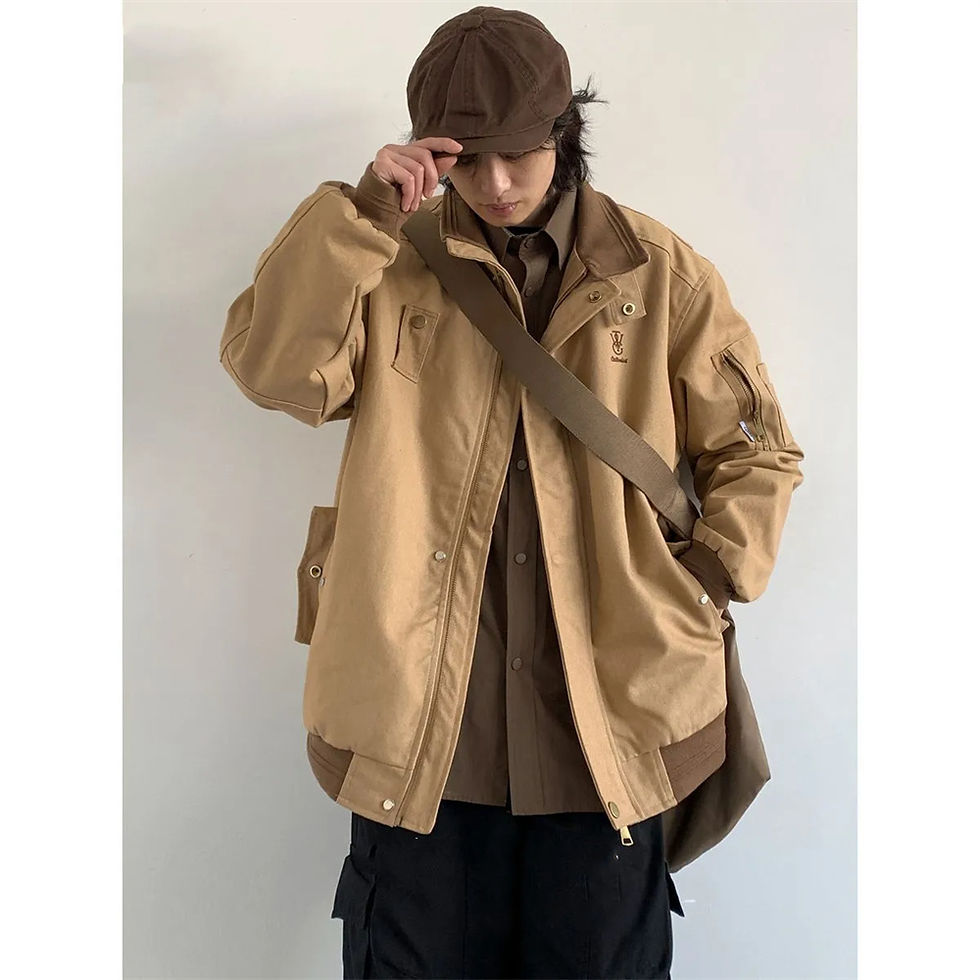 Thumbnail: Retro Embroidery Design Workwear Coat Polo Collar Color Block Jacket